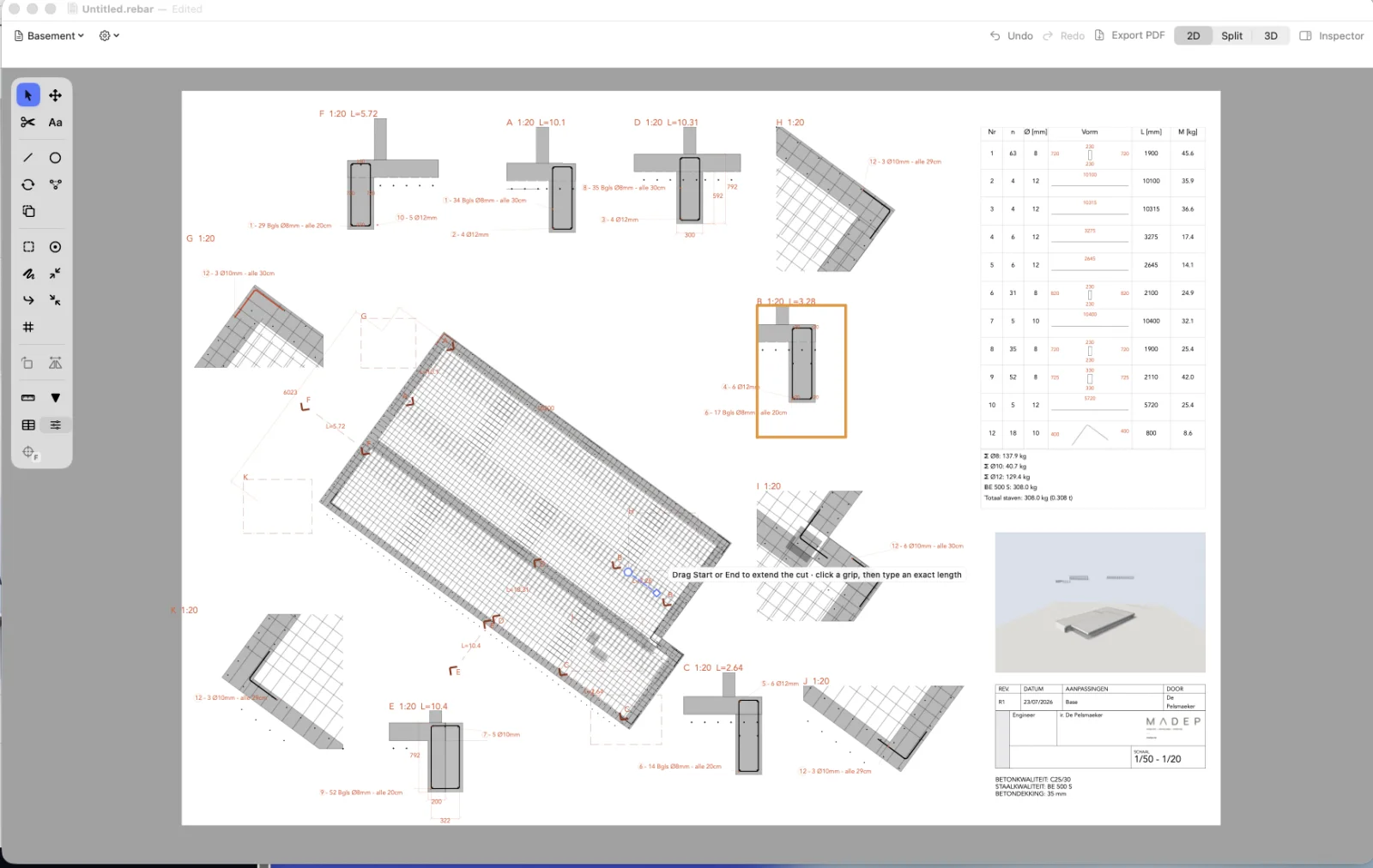 Barform running on Mac: a full reinforcement drawing with plan, cross-section details and a complete bending schedule.